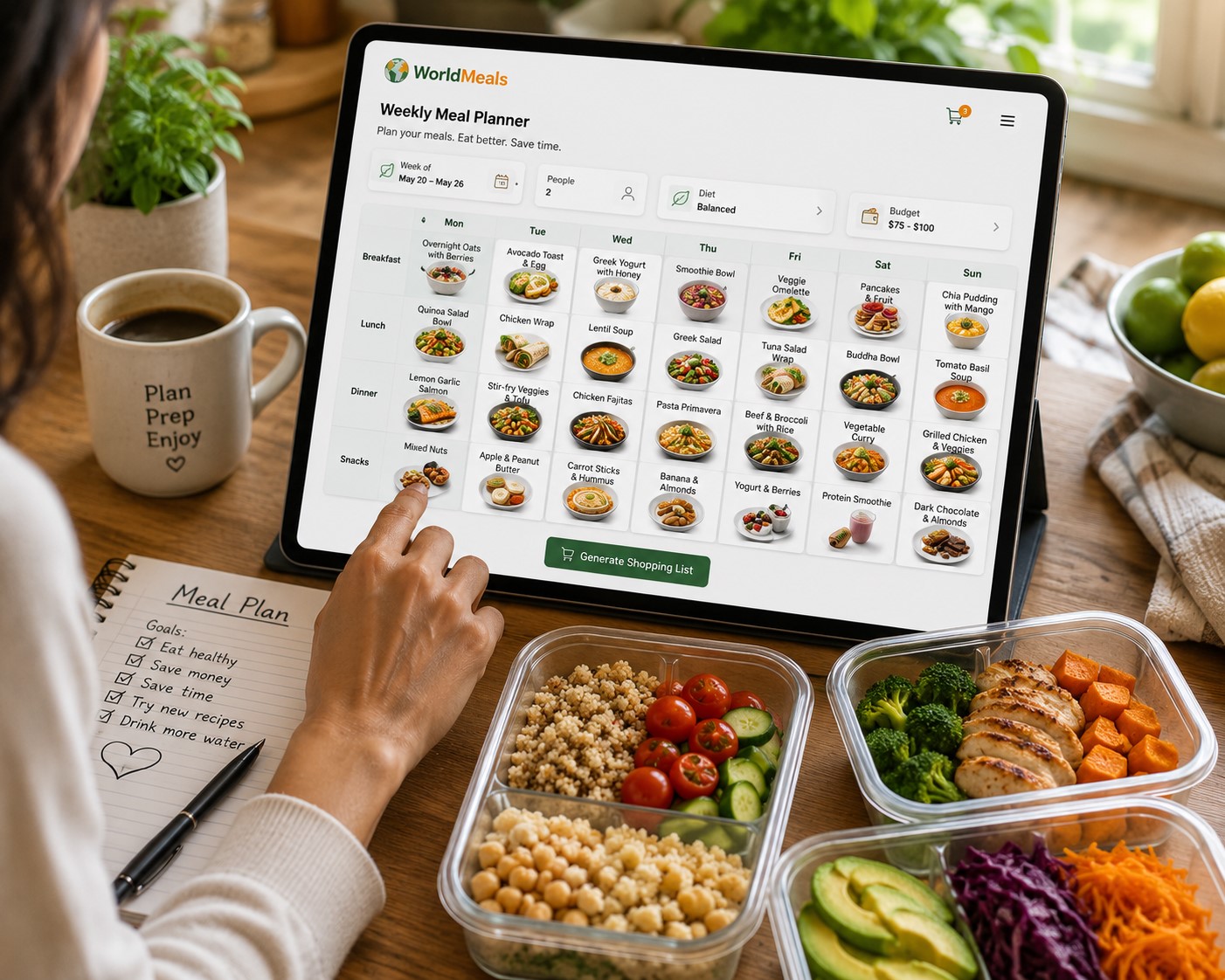 Weekly meal planning with prepared meals and a tablet